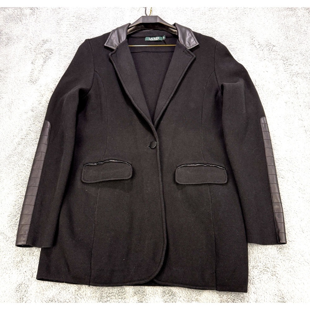 Lauren Ralph Lauren Blazer Coat Women L Black Knit Cotton Faux Leather Collar
